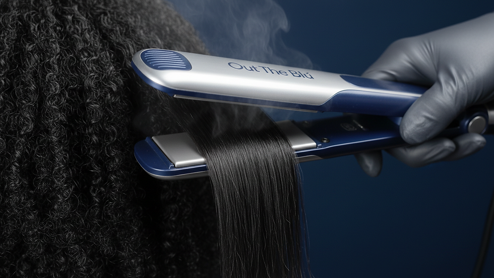 Close-up view of a flat iron smoothing 4C hair in small sections