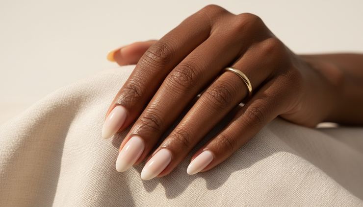 Close-up of a Black woman's hand with a milky neutral manicure against an ivory backdrop.