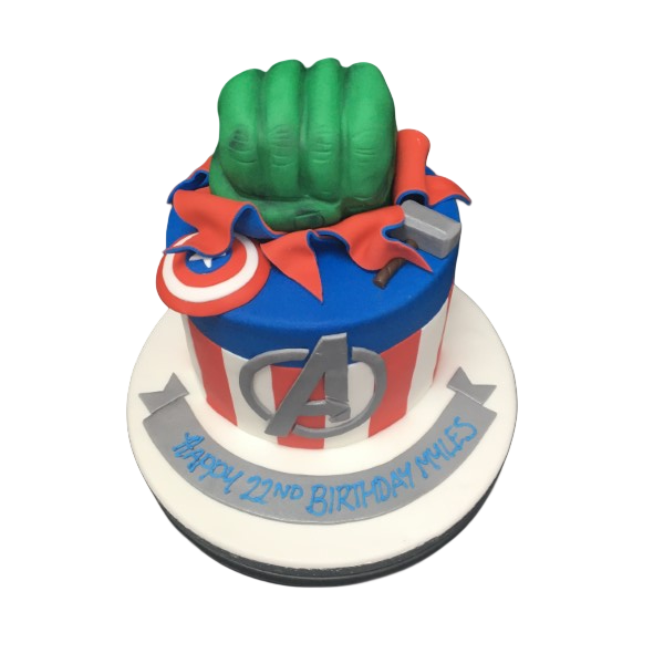 A green Avengers Hulk fist-themed cake with bright colors and intricate detailing, perfect for superhero-themed birthday parties.