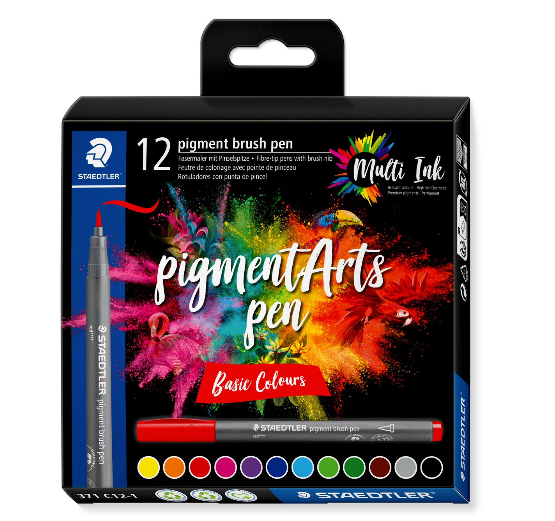 STAEDTLER Pigment brush Etui carton 12 feutres pointe pinceau couleurs basiques
