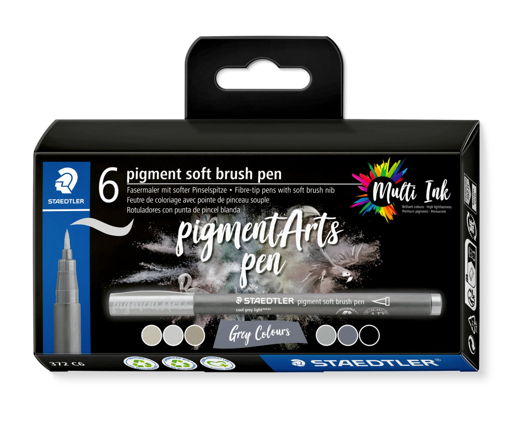 STAEDTLER Pigment soft brush Etui carton 6 feutres pointe pinceau gris & noir