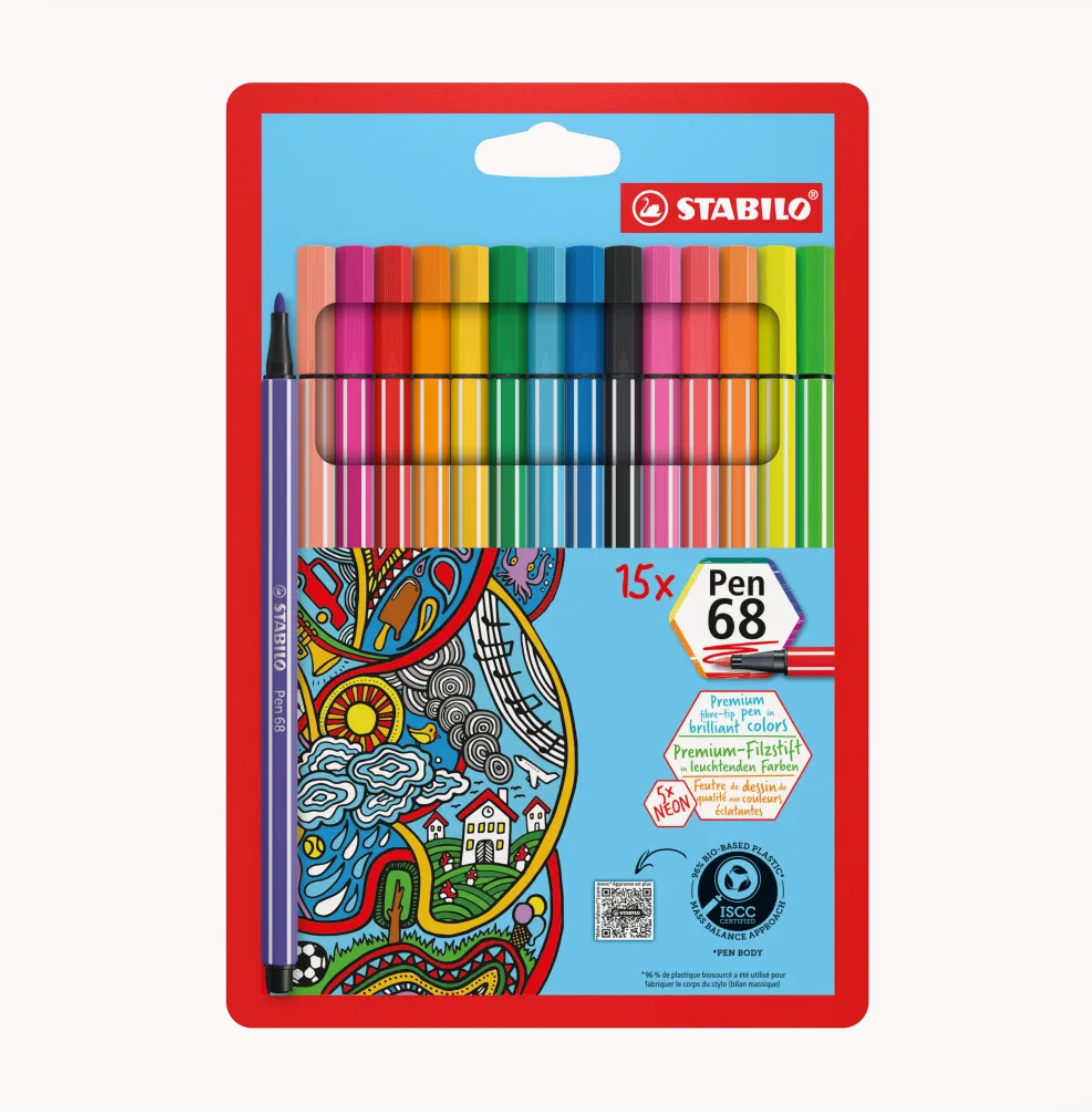 STABILO Pen 68 Etui carton de 15 feutres dont 5 fluo
