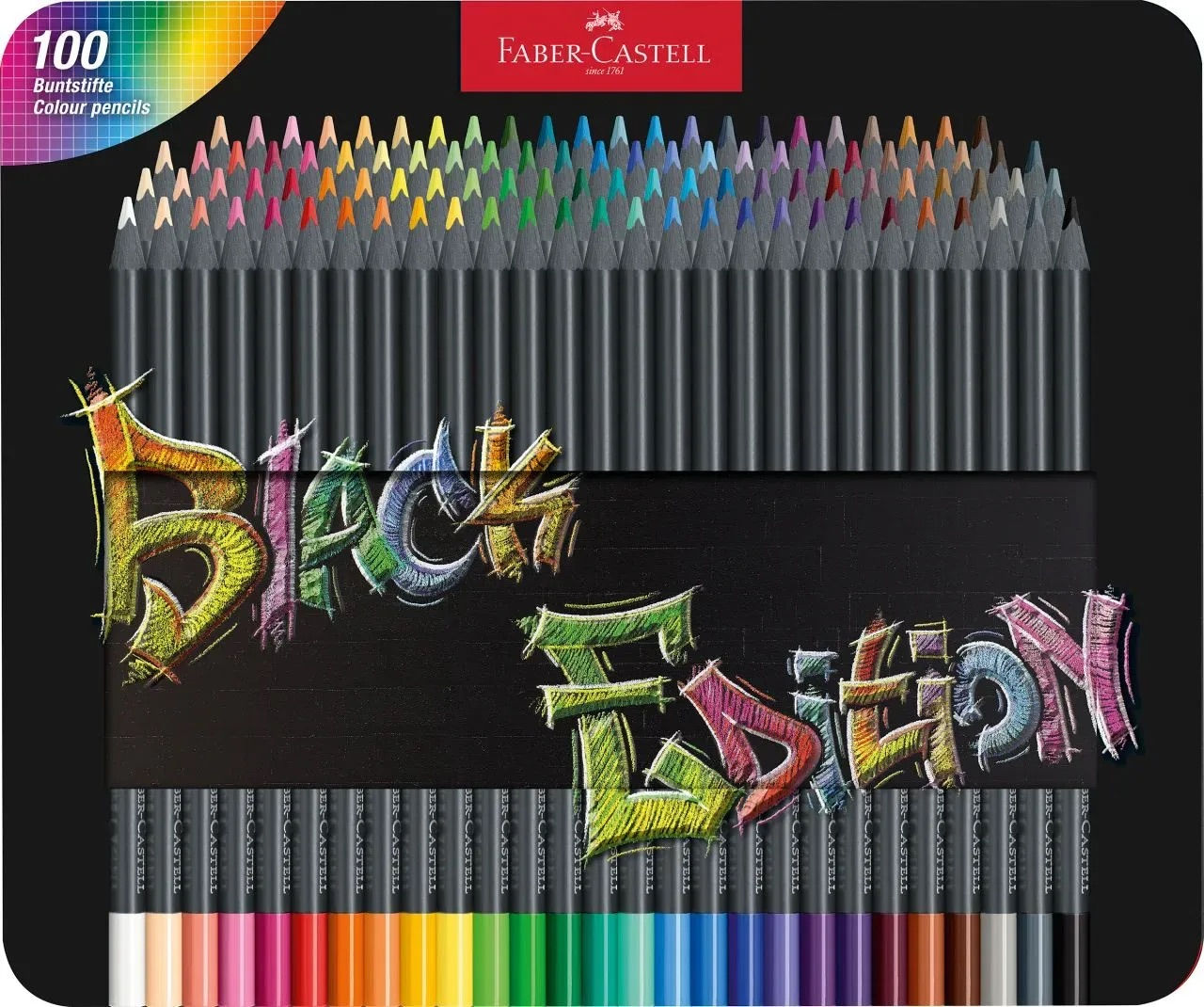 FABER CASTELL Crayons de couleur Black Edition 100x, boîte métallique