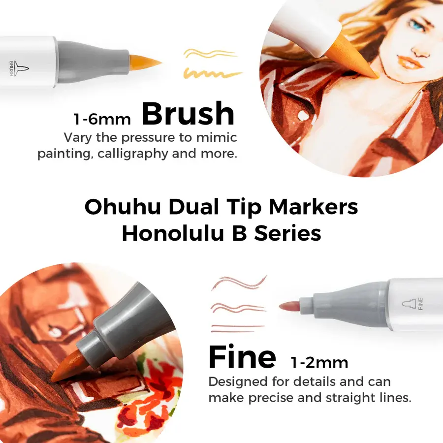 Miniature : Ohuhu Honolulu 36 feutres à alcool couleur peau pointes brush et fine