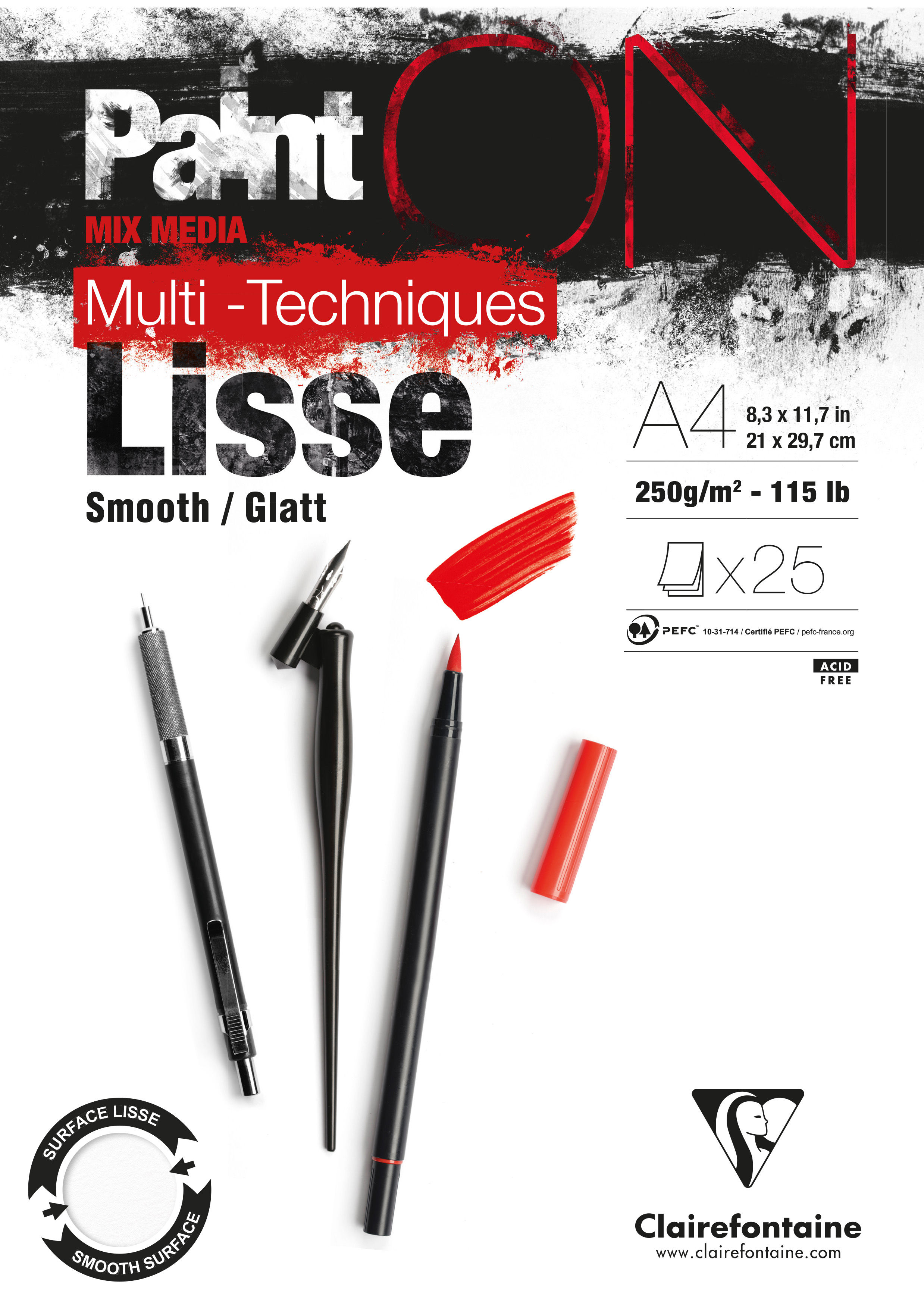 CLAIREFONTAINE PaintON Lisse bloc collé 25F A4 250g
