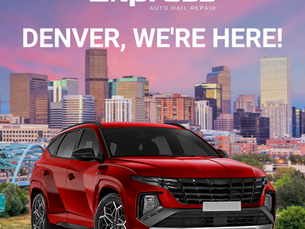 Promotional graphic for Express Auto Hail Repair announcing expansion into Denver, Colorado. The image features a red SUV in the foreground with the Denver skyline at sunset in the background. Large white text reads, "DENVER, WE'RE HERE!" with the Express Auto Hail Repair logo displayed at the top.