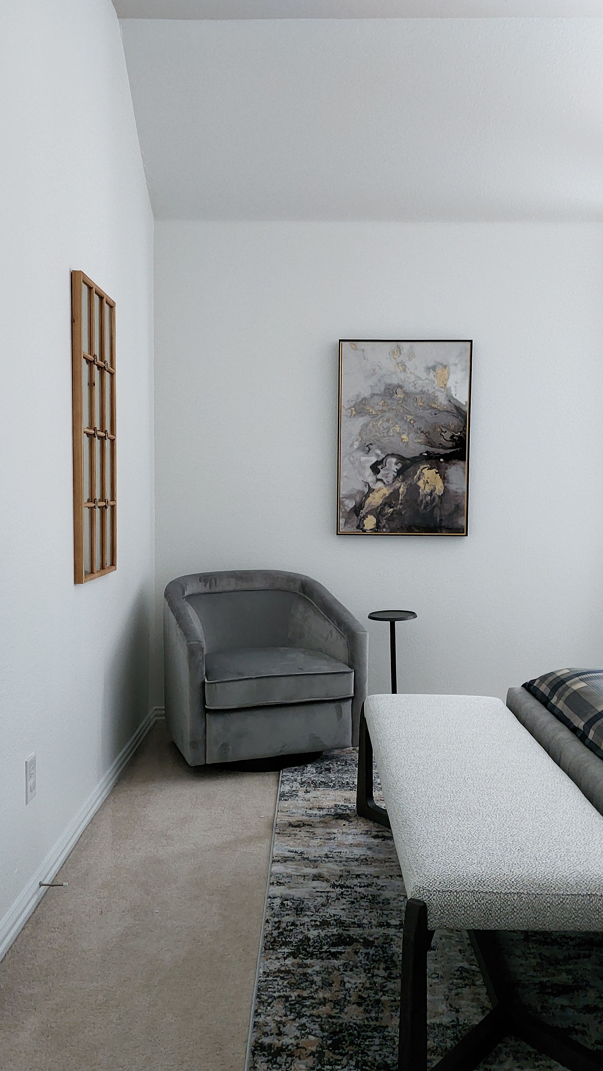 Guest Room 3, Gray Velvet Barrel Back Swivel Chair, Four Hands, Wayfair, Unique Loom, AtHome, Serta, Pottery Barn, Lamps Plus, Overstock.com, Amazon