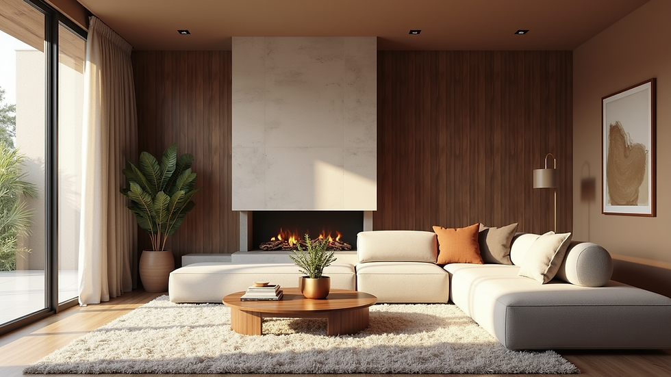 Eye-level view of a modern living room with layered textures and natural light