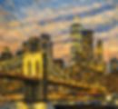 Brooklyn Bridge spanning East River with Manhattan skyline at sunset, New York City - impressionistic painting style