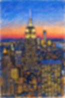 Empire State Building at dusk with lit office windows, New York City - impressionistic painting style