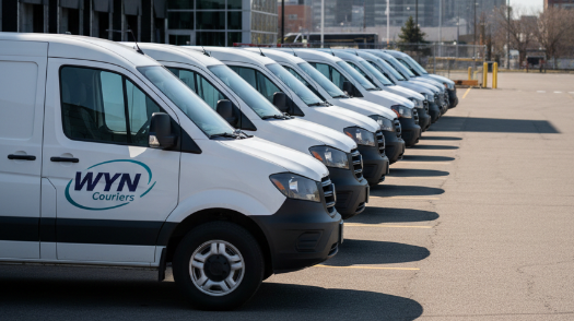 WYN Courier vehicles parked in a row outside a warehouse.