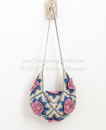Cross-body Flower Bag crochet pattern. Formed by square motifs with 3 layers of petals 3-D flowers. Features Bohemian and Ethno style.