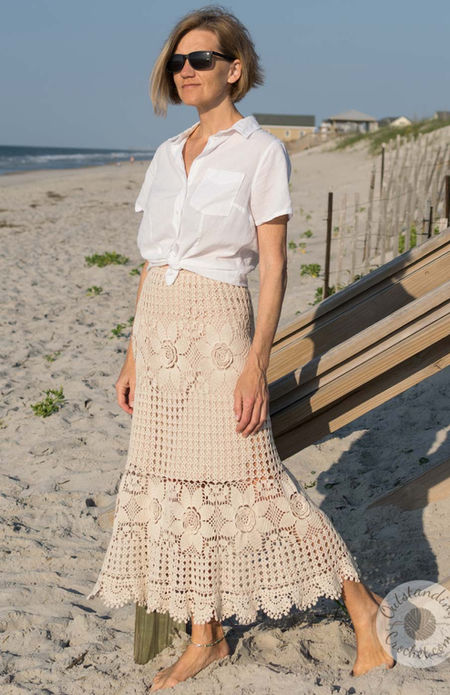 Tiered Maxi Skirt crochet pattern with ruffled bottom edging.