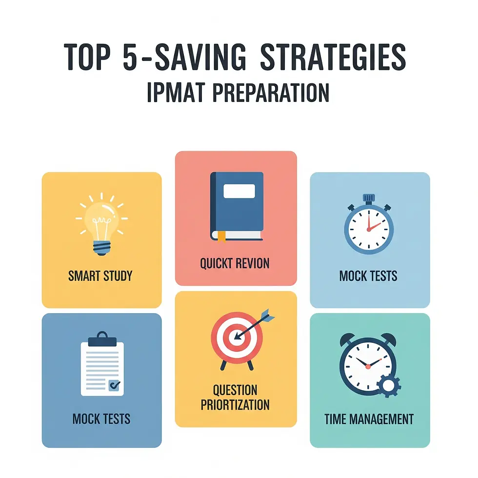 Infographic showing five time-saving strategies for IPMAT exam preparation.