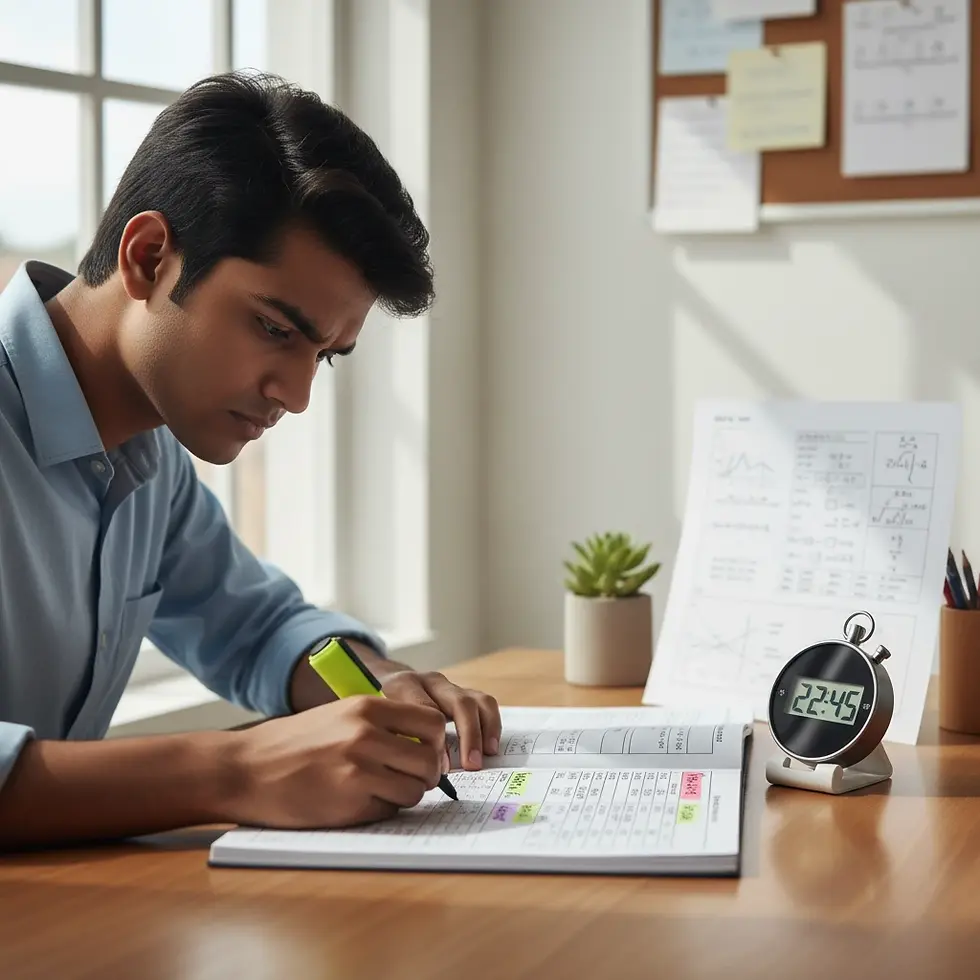 Student marking easy and moderate DILR sets in a notebook with charts and a stopwatch on desk, practicing final-week set selection.