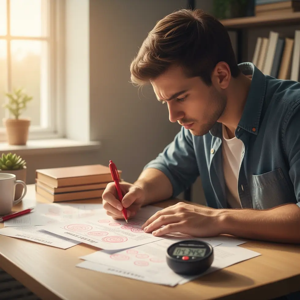 Student reviewing solved mock test papers with highlighted errors and stopwatch during performance analysis