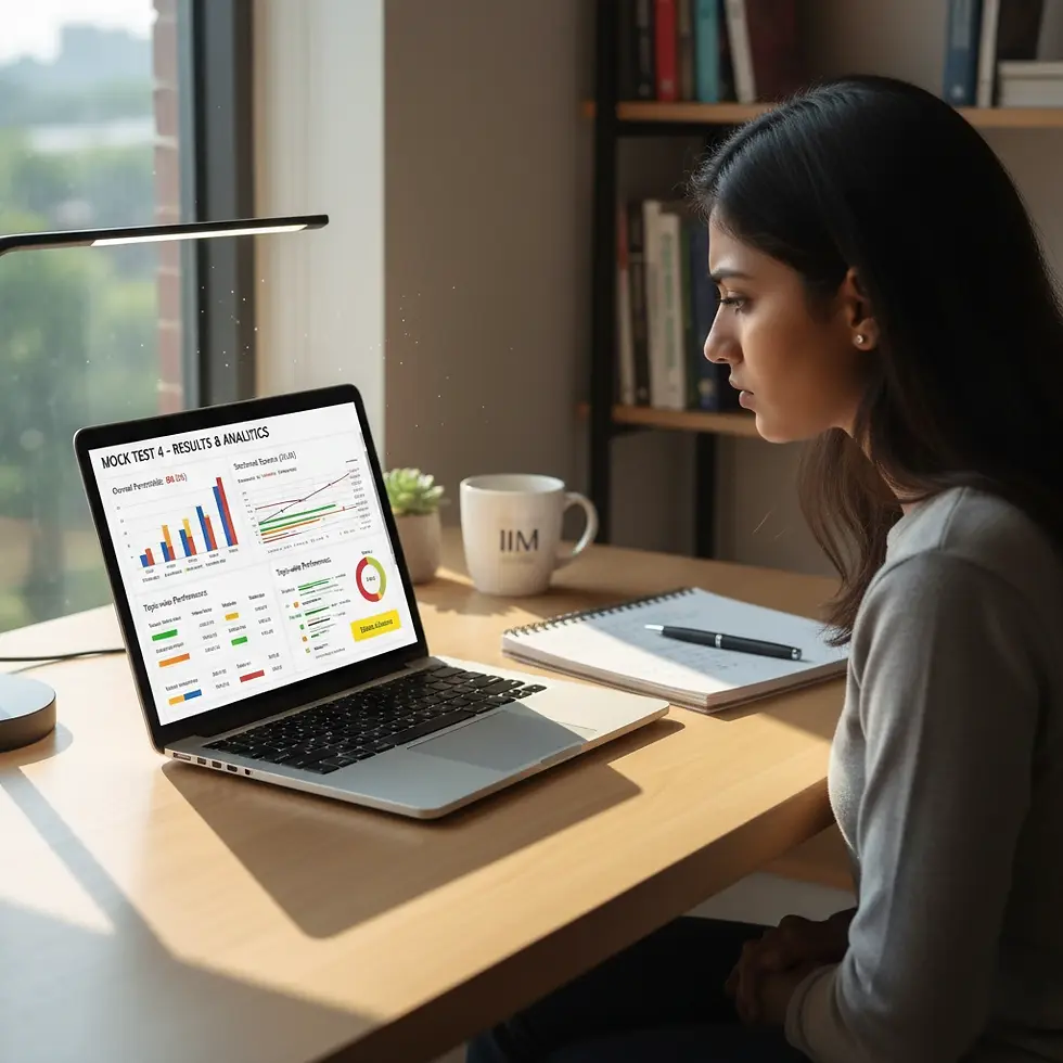 CAT aspirant analyzing mock test results with performance charts and analytics on laptop at study desk
