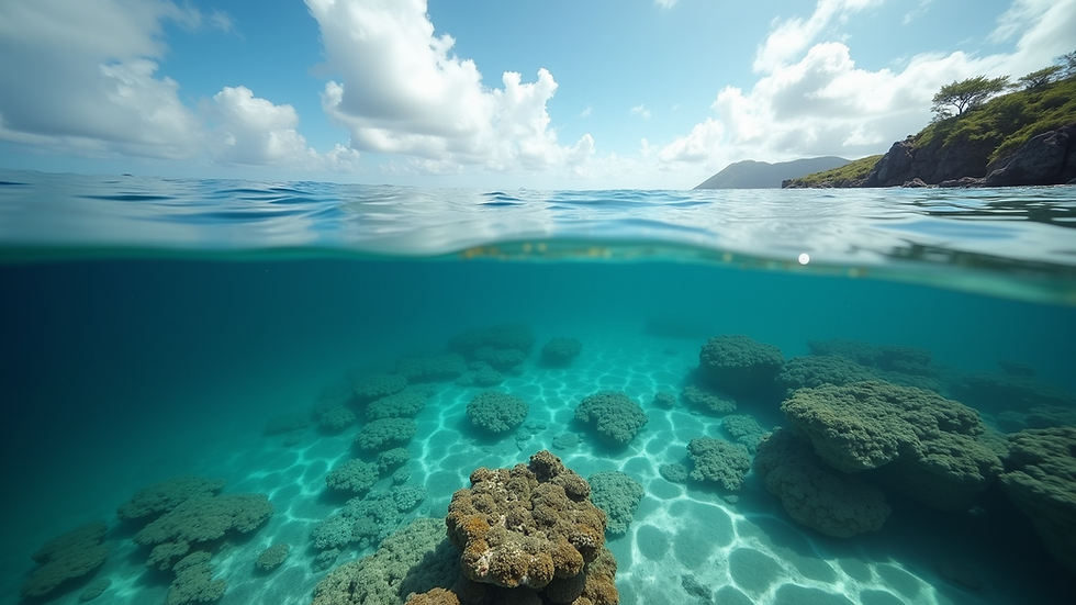 Eye-level view of a serene ocean landscape with coral reefs