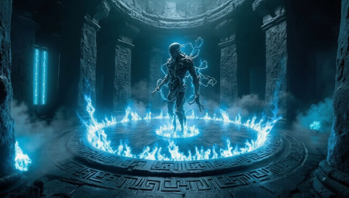 Cámara ritual subterránea con símbolos arcaicos y energía sobrenatural, ilustración conceptual de un acto de invocación en un universo fantástico oscuro. Imagen conceptual,
del universo narrativo El Último Redentor,
por G. R. Meneghetti