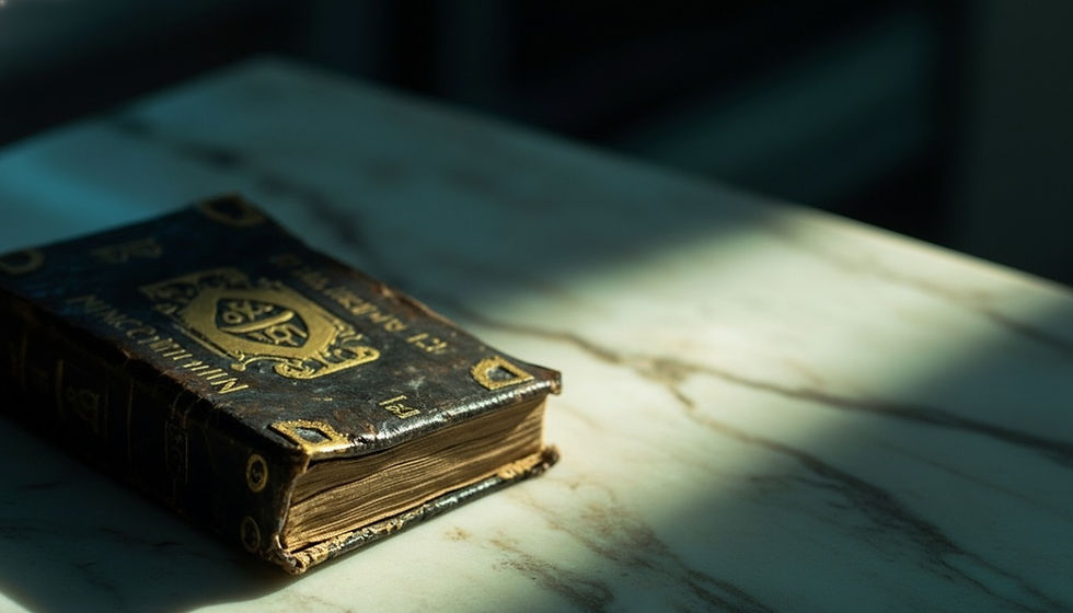 Libro antiguo de tapas oscuras apoyado sobre una superficie de mármol, iluminado por un haz de luz, evocando escritura, memoria y tiempo.