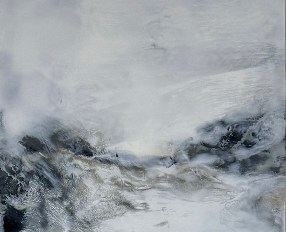 Encaustic and pigment stick with embedded sticks and stones on cradled panel