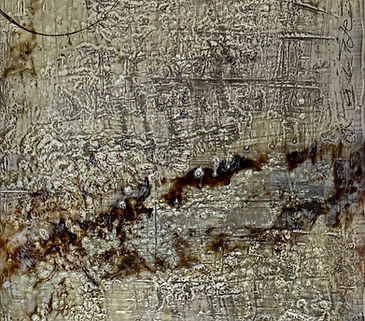 Encaustic, cold wax, India ink, gold foil on cradled wood panel                                 