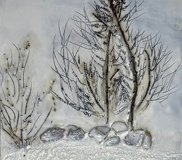 Encaustic, pigment stick, embedded sticks and stones on cradled panel