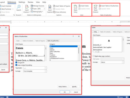 Microsoft Word interface showing Table of Authorities and Index dialogs, with options for marking entries. Toolbar in background.