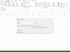 Excel window with a "Function Arguments" dialog open for TRIM function. Toolbar at top, spreadsheet in background. Dialog offers text input.