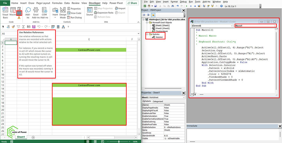 Excel with green cells labeled CentreofPower.com, a VBA macro code window on the right, and red-bordered text on relative references.