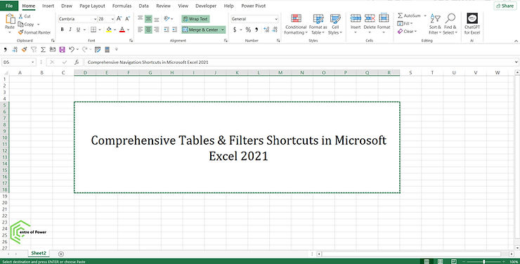 Excel sheet displaying "Comprehensive Tables & Filters Shortcuts in Microsoft Excel 2021" with green borders and toolbar options visible.
