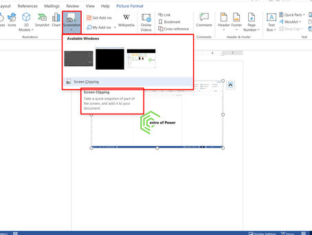 Microsoft Word screenshot showing "Insert" tab. "Screenshot" dropdown selected with "Screen Clipping" option highlighted. Logo says "Centre of Power".