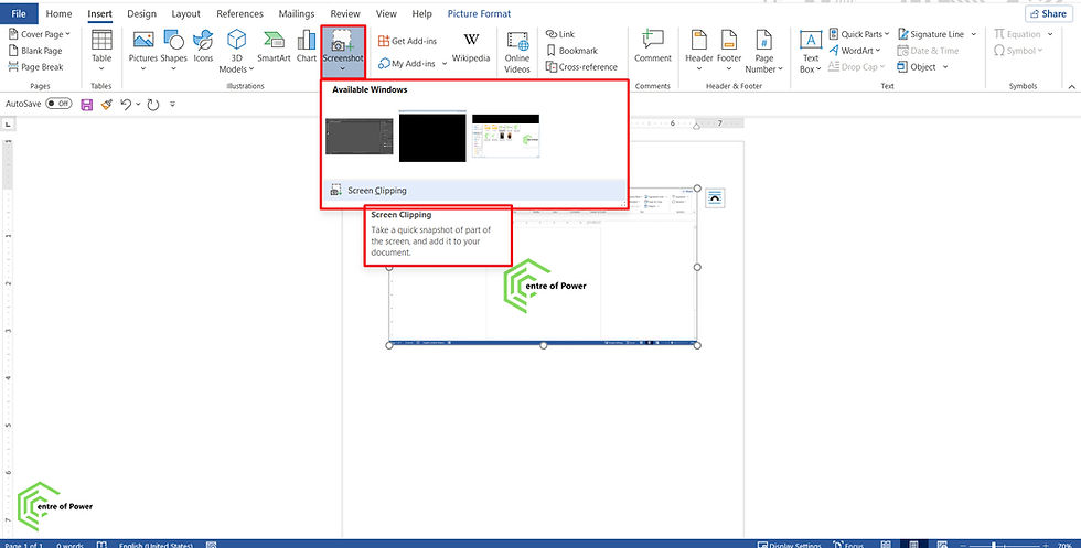 Microsoft Word screenshot showing "Insert" tab. "Screenshot" dropdown selected with "Screen Clipping" option highlighted. Logo says "Centre of Power".