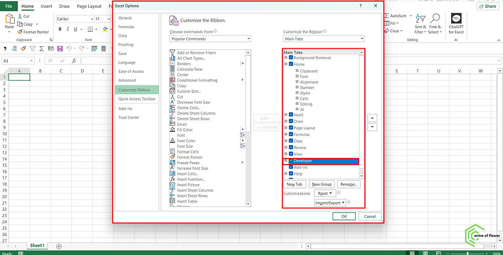 Excel options window open; Customize Ribbon highlighted. Several tabs checked, including Developer. Excel spreadsheet background visible.