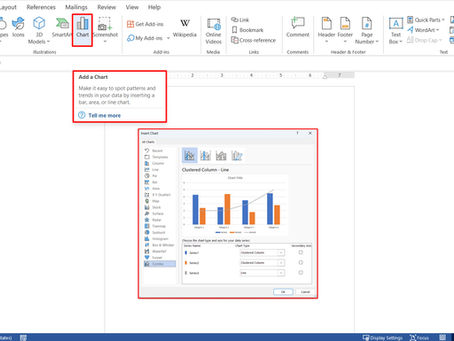 Word document interface showing instructions to "Add a Chart" with a chart setup window open. Blue and orange bar chart visible.
