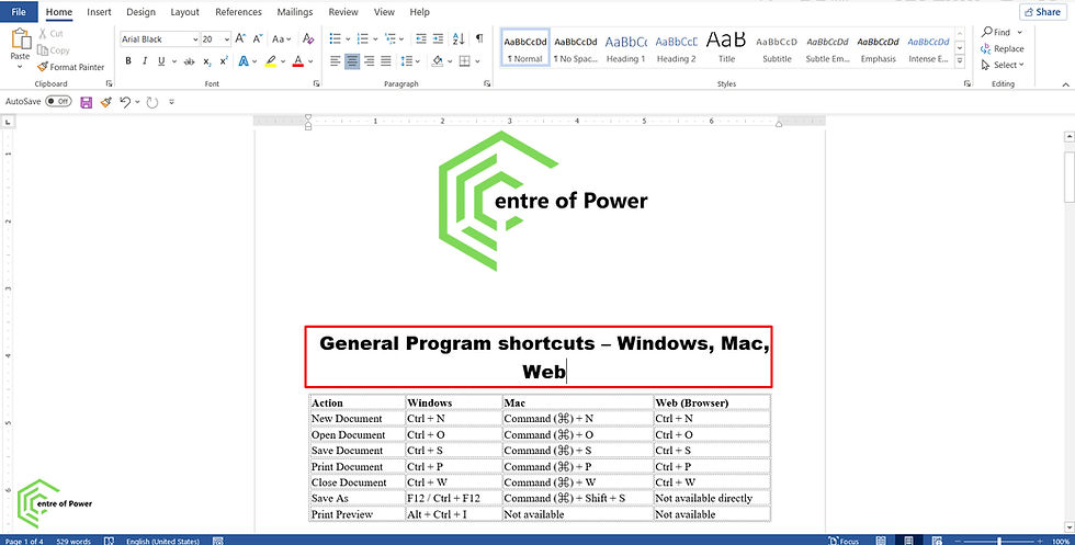 Document in Word shows "General Program shortcuts – Windows, Mac, Web" with a table of shortcuts. Green logo top right, toolbar visible.