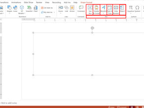 PowerPoint interface showing the "Insert" tab options: text box, header, WordArt. A blank slide and menu items are visible.