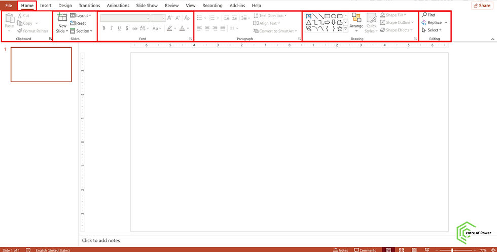 PowerPoint slide interface showing a blank slide with toolbars in red, including Home, Insert, and Design. Footer shows notes section.