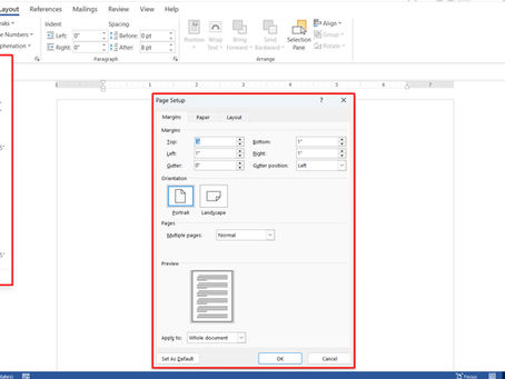 Word document with Page Setup dialog open showing margin settings. A dropdown lists margin presets. Toolbar options visible at the top.