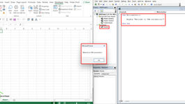 Excel VBA setup with an empty spreadsheet. A dialog box says "Welcome to VBA automation!" and VBA code displays in the editor.