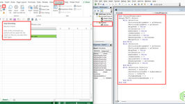 Excel window with Developer tab open. Macro recording prompt, green cell B3, and VBA code editor with highlighted script on the right.