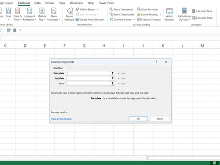 Excel interface with function dialog box open, showing "YEARFRAC" arguments for start_date, end_date, and basis. Toolbar visible above.
