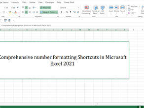 Excel spreadsheet showing a title "Comprehensive number formatting Shortcuts in Microsoft Excel 2021" on Sheet2. Excel 2021 interface visible.
