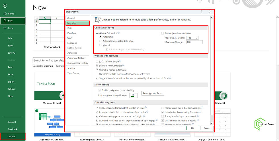 Excel options menu showing formula settings, with workbook calculation set to automatic. "Formulas" tab highlighted. Green/white theme.