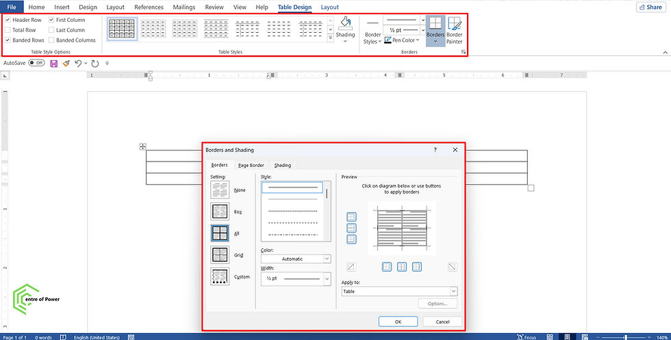 Microsoft Word interface showing Table Design tab and Borders and Shading dialog box. A table with borders is being customized.