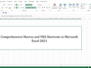 Excel spreadsheet showing slide with text "Comprehensive Macros and VBA Shortcuts in Microsoft Excel 2021". Visible toolbar and gridlines.