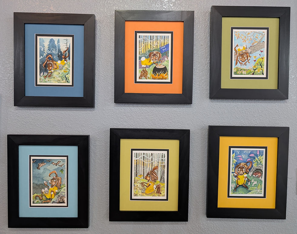 series of 6 morel hunting rabbit paintings