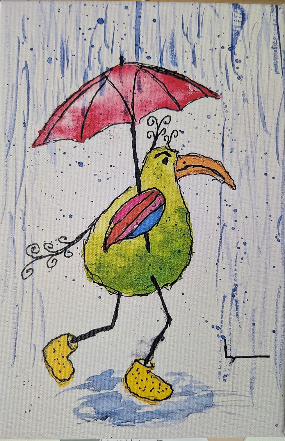 yellow bird in the rain under his umbrella