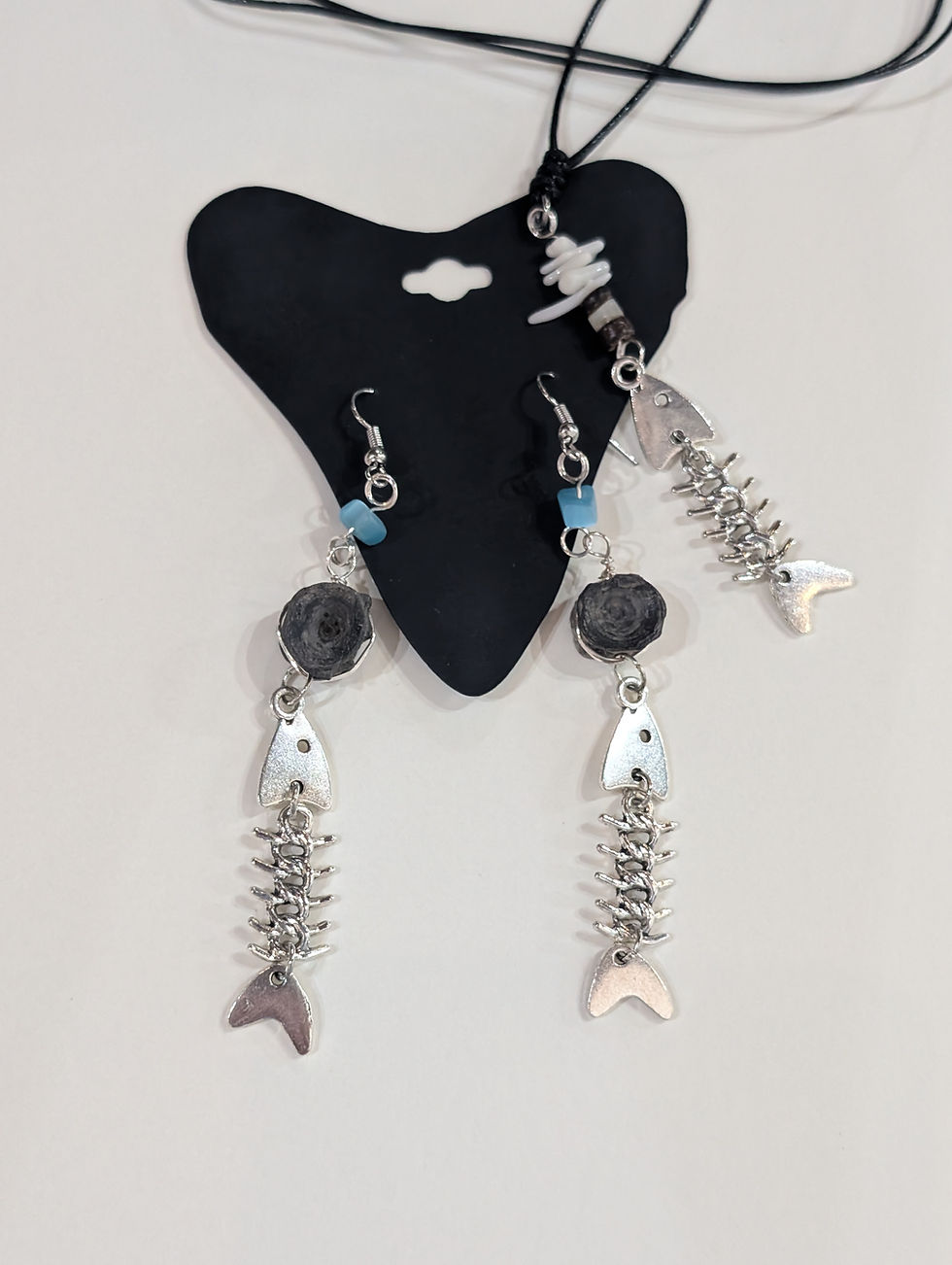 Fossil shark vertebrae earrings and necklace with silver fishbones
