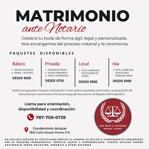 Precio Matrimonio ante Notario Lcdo Edwin A. Hernandez Ponce PR